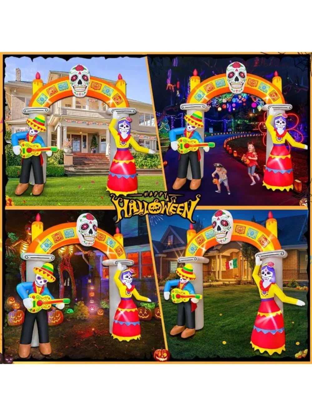9Ft Halloween Inflatable Archway - Day of the Dead Decor with LED Skull Lights